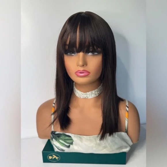 Straight Brown Wig with Bangs for Women – Natural Looking Medium Length - Picture 4 of 8